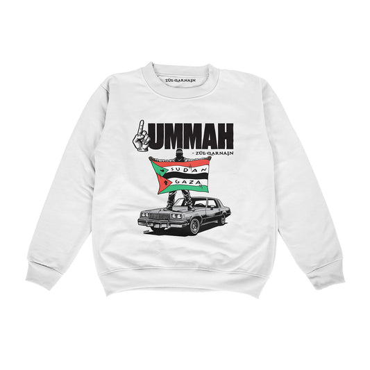 White | One Ummah {No Face Kalimah Bandana} Premium Crewneck Pullover